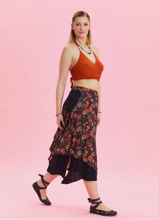 Floral Print Skirt with Elastic Waist and Tie Detail 4523